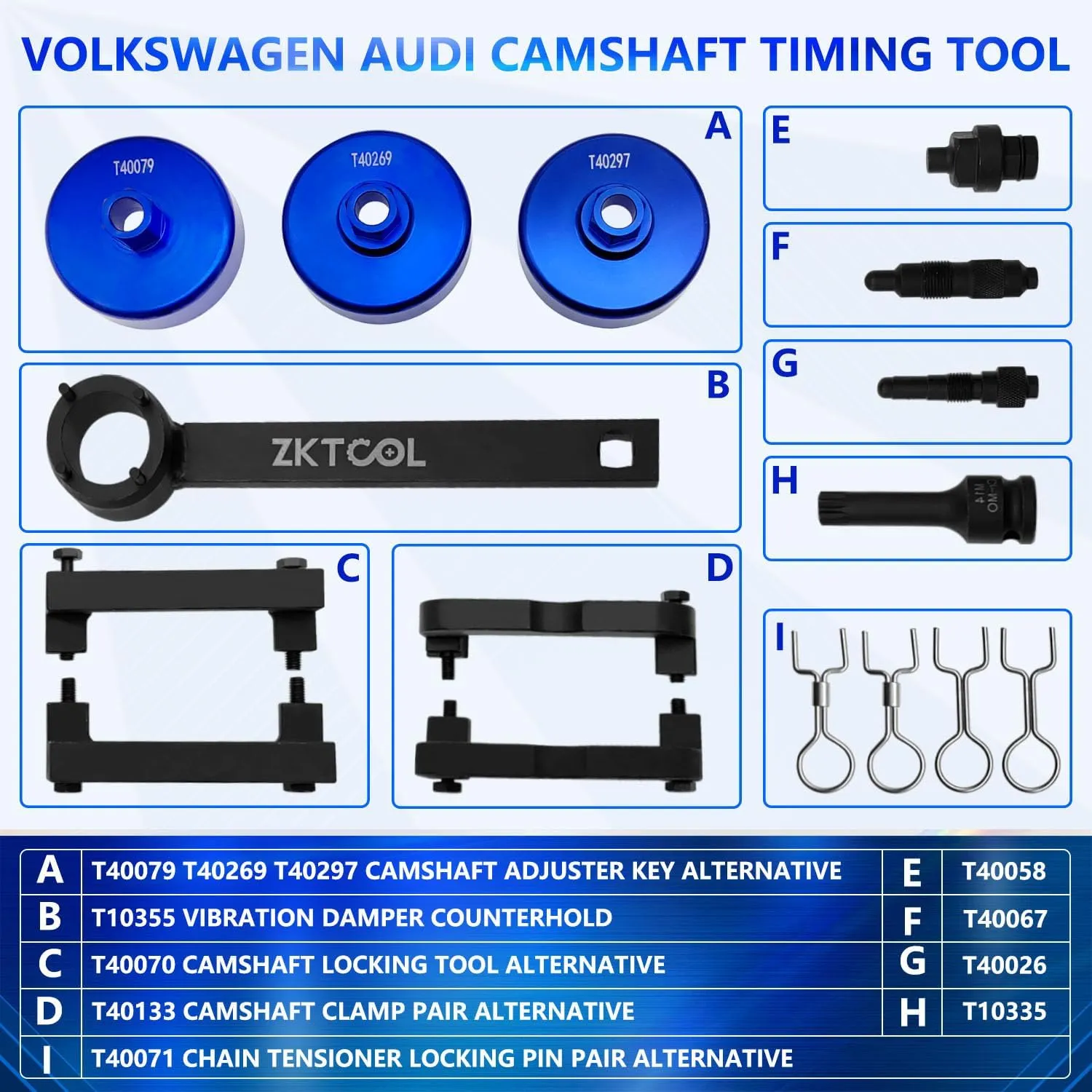 ZKTOOL Engine Camshaft Alignment Locking Timing Tool Kit Compatible with Audi VW 2.0, 2.4, 2.8, 3.0T, 3.2, 4.2, 5.2 Engine A4 A6 A6L A8 Q5 Q7 R8 Porsche 3.0T Engine, T40133, T40070, T10355, T40058