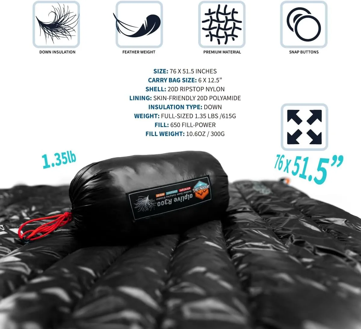 ZOOOBELIVES Ultralight Down Camping Blanket - 1.35lbs, 650 Fill Power Puffy Quilt. Compact & Warm Comforter for Travel, Beach, Hammock, Backpacking - Elevate Your Outdoor Comfort - AlpliveR300