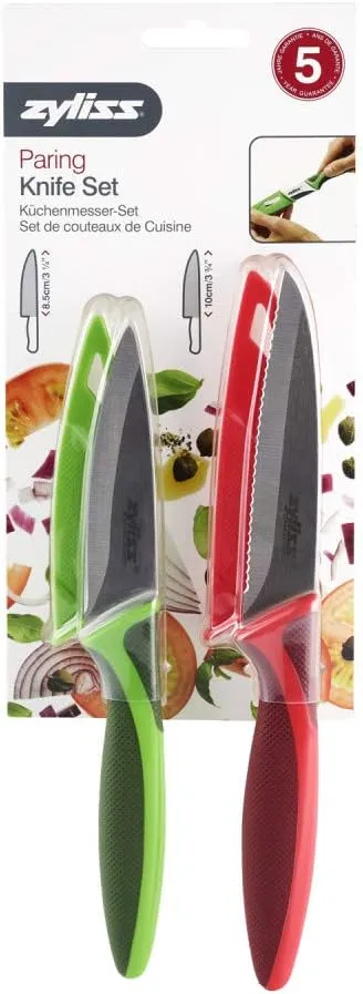 Zyliss Classic Paring Knife Set with Sheath Cover - Precision Knife for Cutting, Slicing & Peeling - Small Culinary Includes 3 ¼” Paring & 3 ¾” Serrated - Carbon Stainless Steel Blade - Red/Green