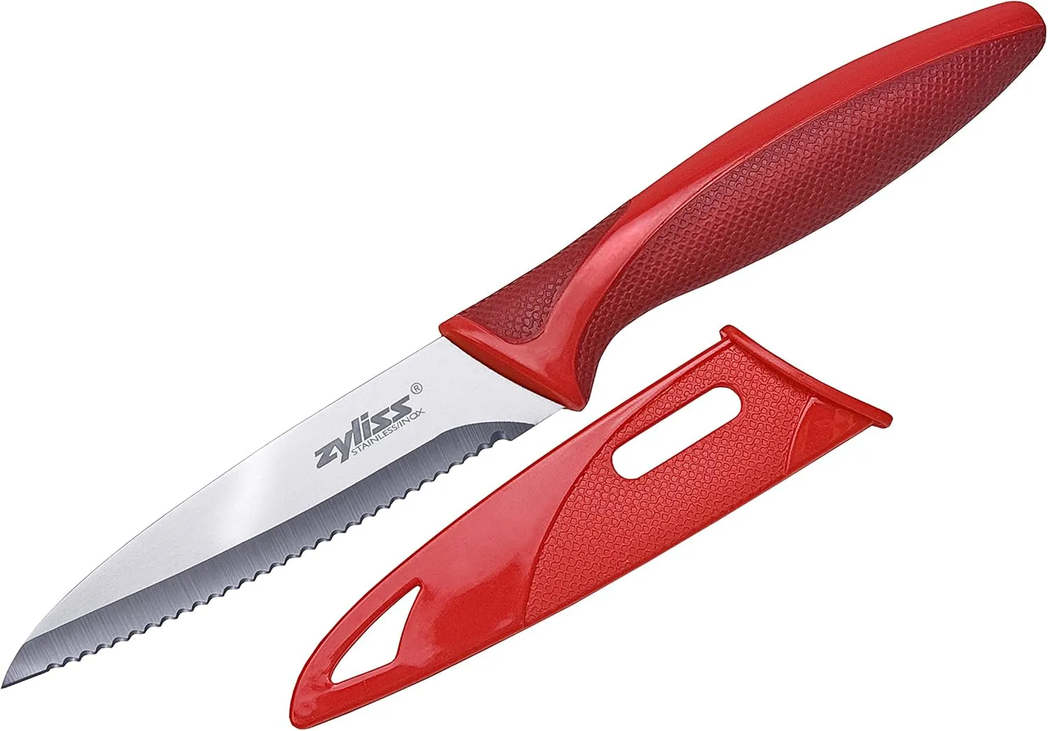 Zyliss Classic Paring Knife Set with Sheath Cover - Precision Knife for Cutting, Slicing & Peeling - Small Culinary Includes 3 ¼” Paring & 3 ¾” Serrated - Carbon Stainless Steel Blade - Red/Green