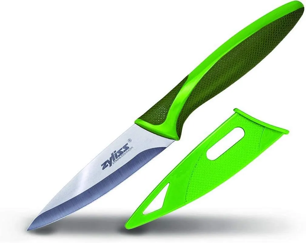 Zyliss Classic Paring Knife Set with Sheath Cover - Precision Knife for Cutting, Slicing & Peeling - Small Culinary Includes 3 ¼” Paring & 3 ¾” Serrated - Carbon Stainless Steel Blade - Red/Green
